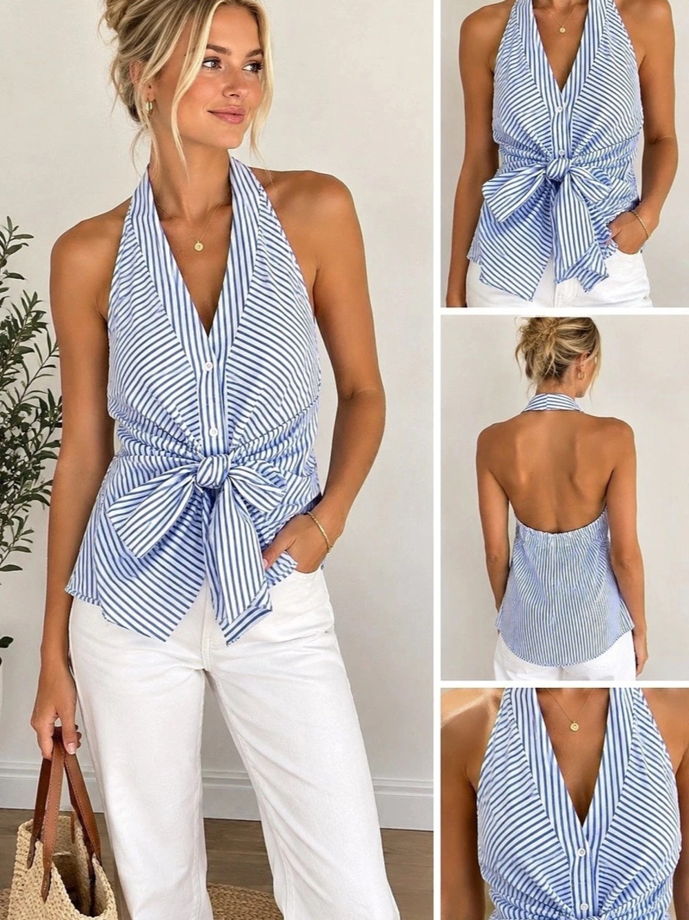 Commense Striped Tie-Front Halter Top Blue & White XS